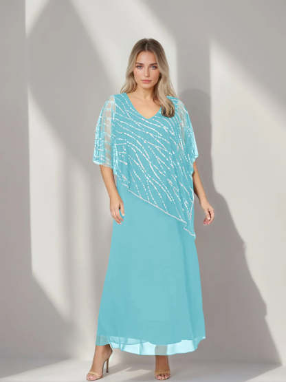 Plus Size V-Neck A-Line Princess Ankle-Length Mother of the Bride Dress with Asymmetrical Cape Popover and Half Sleeves