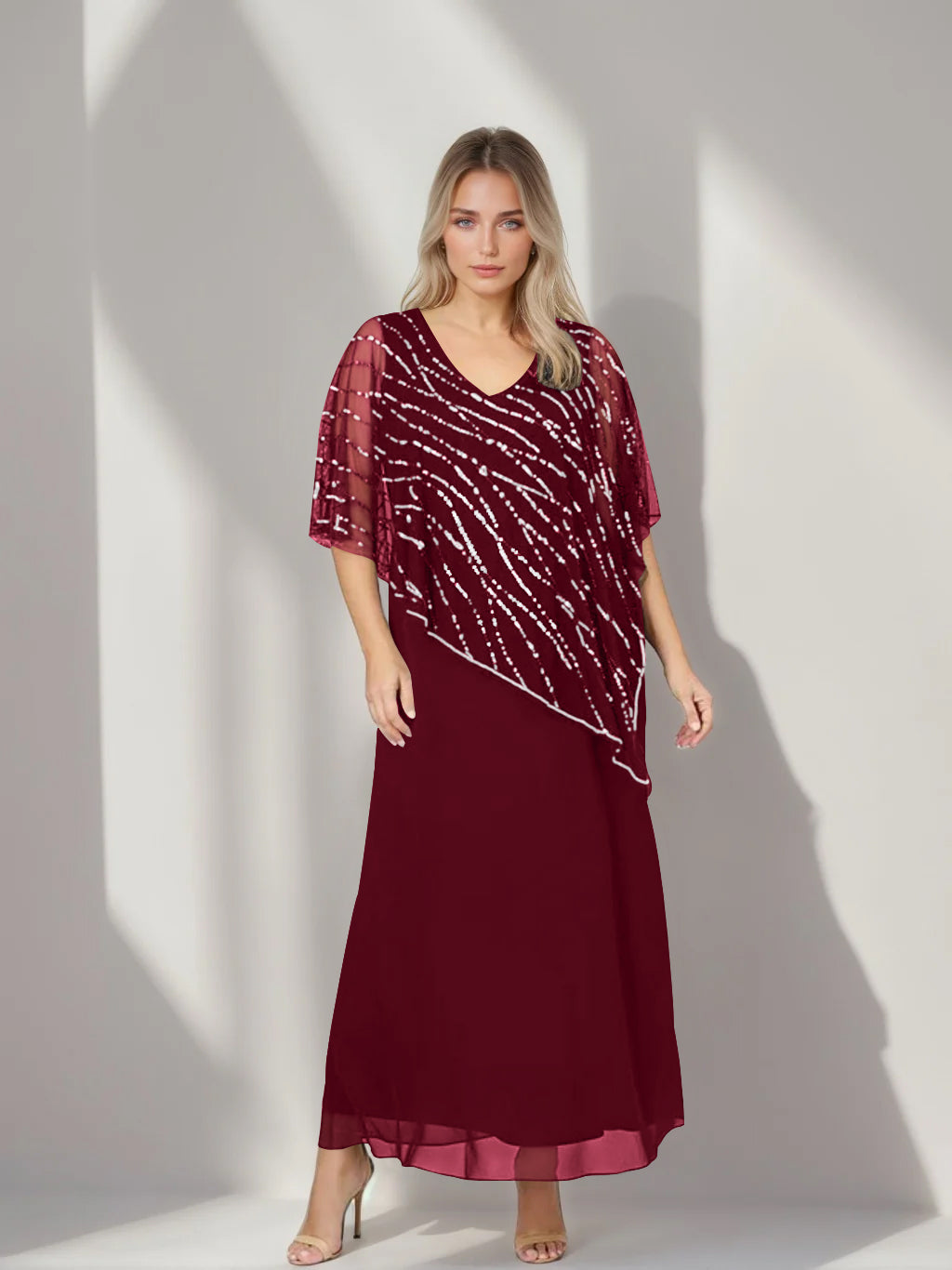 Plus Size V-Neck A-Line Princess Ankle-Length Mother of the Bride Dress with Asymmetrical Cape Popover and Half Sleeves