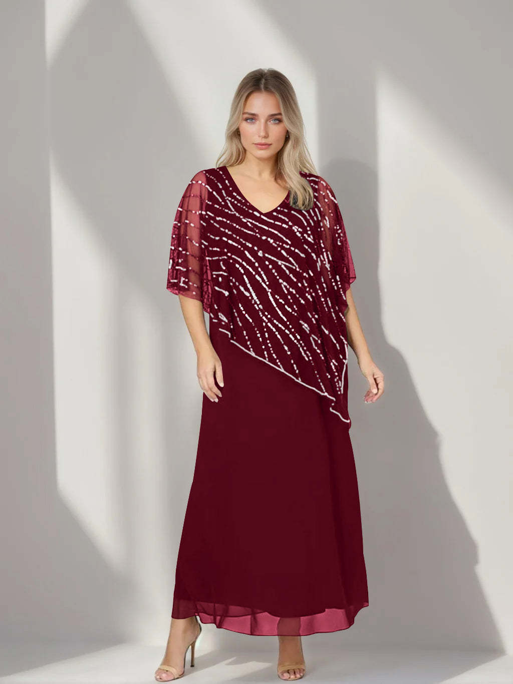 Plus Size V-Neck A-Line Princess Ankle-Length Mother of the Bride Dress with Asymmetrical Cape Popover and Half Sleeves