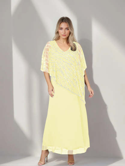 Plus Size V-Neck A-Line Princess Ankle-Length Mother of the Bride Dress with Asymmetrical Cape Popover and Half Sleeves