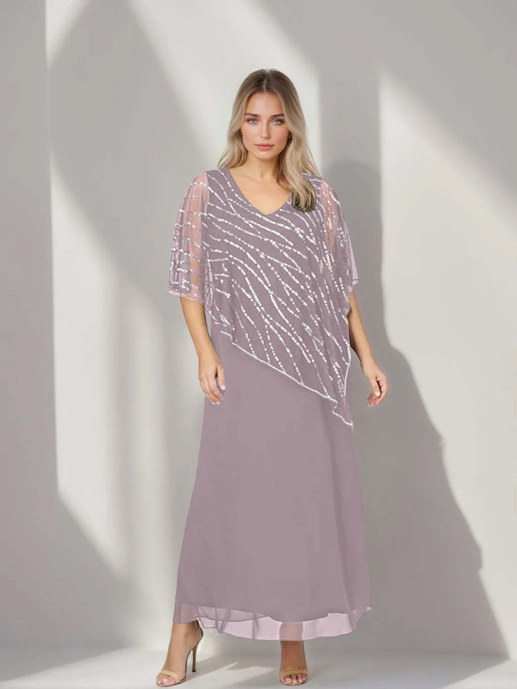 Plus Size V-Neck A-Line Princess Ankle-Length Mother of the Bride Dress with Asymmetrical Cape Popover and Half Sleeves