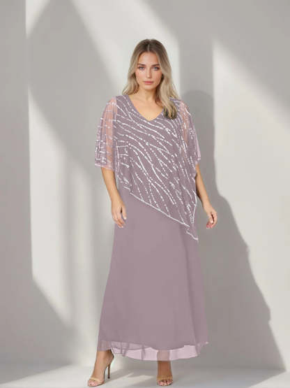 Plus Size V-Neck A-Line Princess Ankle-Length Mother of the Bride Dress with Asymmetrical Cape Popover and Half Sleeves