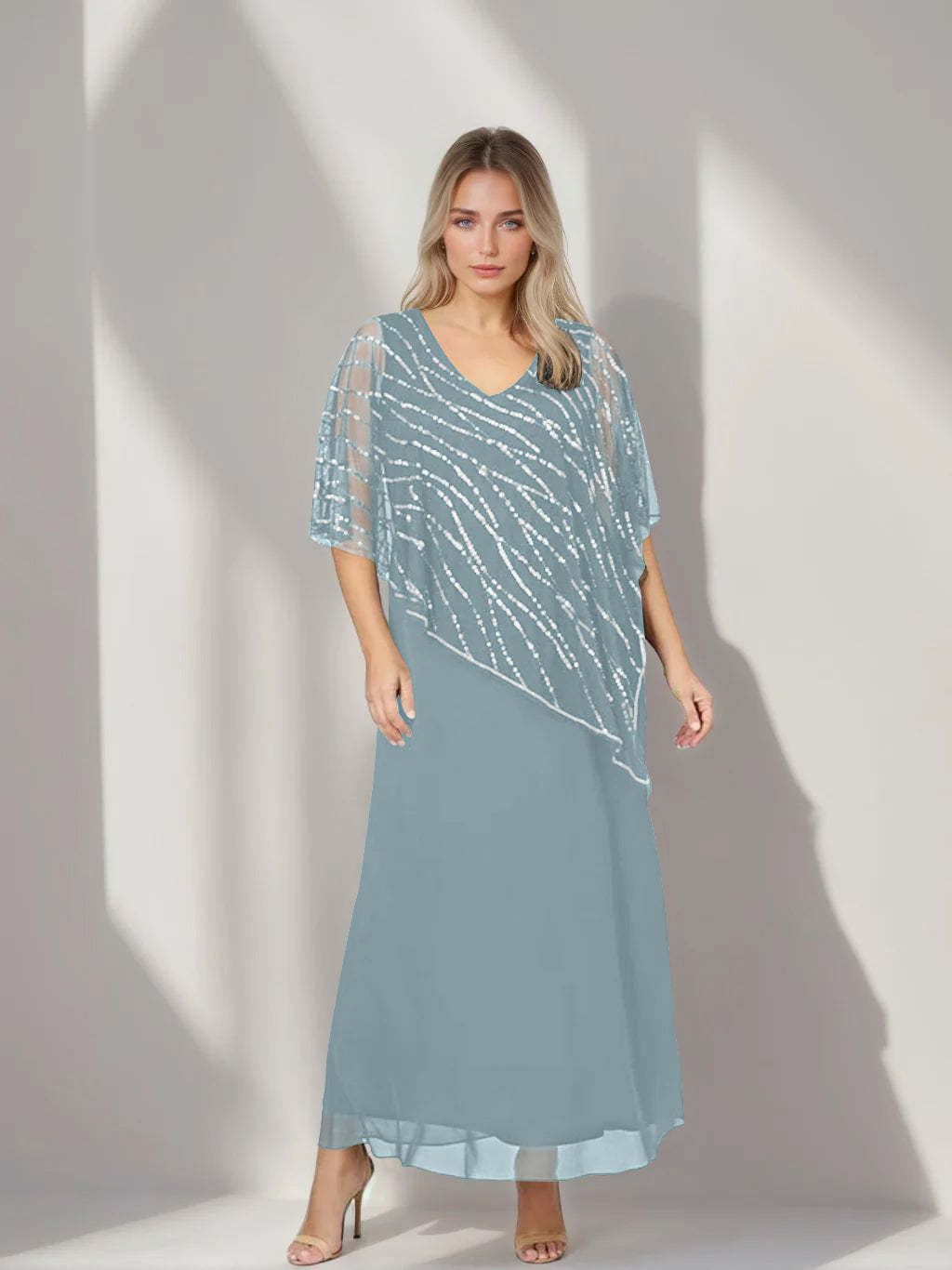 Plus Size V-Neck A-Line Princess Ankle-Length Mother of the Bride Dress with Asymmetrical Cape Popover and Half Sleeves