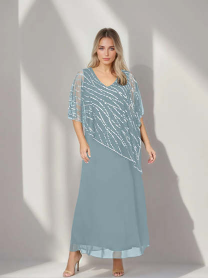 Plus Size V-Neck A-Line Princess Ankle-Length Mother of the Bride Dress with Asymmetrical Cape Popover and Half Sleeves