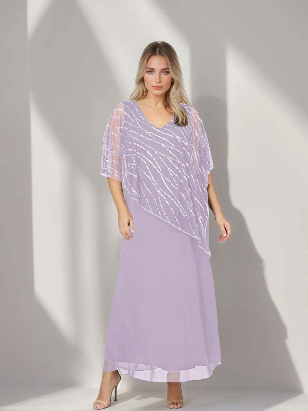 Plus Size V-Neck A-Line Princess Ankle-Length Mother of the Bride Dress with Asymmetrical Cape Popover and Half Sleeves