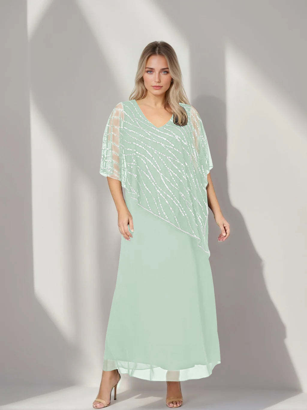 Plus Size V-Neck A-Line Princess Ankle-Length Mother of the Bride Dress with Asymmetrical Cape Popover and Half Sleeves