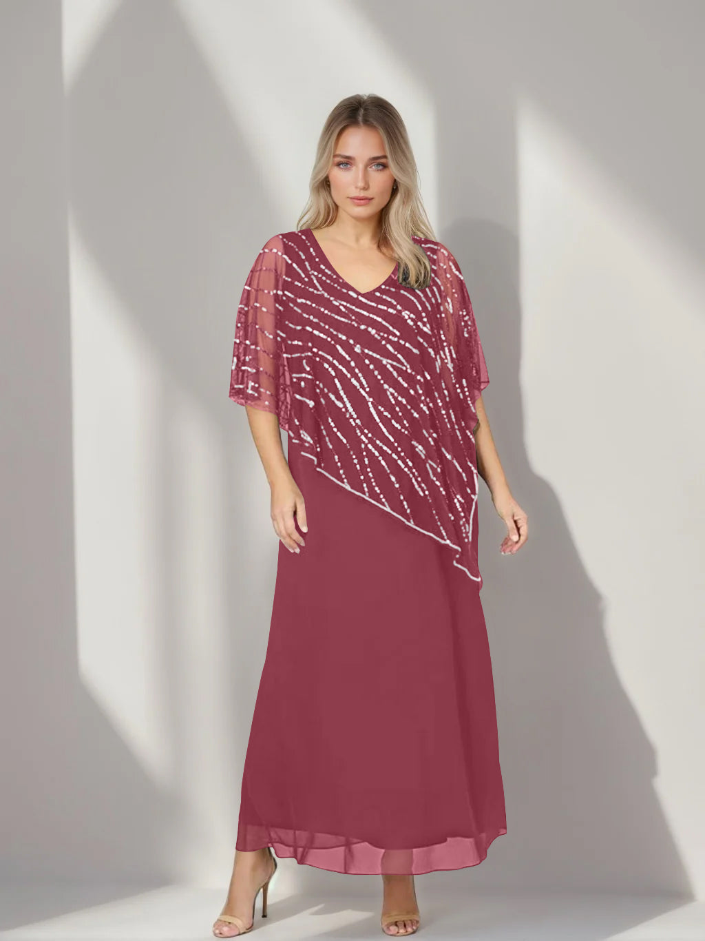 Plus Size V-Neck A-Line Princess Ankle-Length Mother of the Bride Dress with Asymmetrical Cape Popover and Half Sleeves