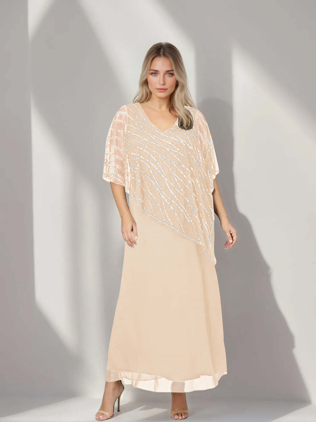 Plus Size V-Neck A-Line Princess Ankle-Length Mother of the Bride Dress with Asymmetrical Cape Popover and Half Sleeves