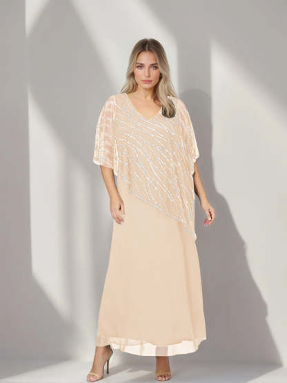 Plus Size V-Neck A-Line Princess Ankle-Length Mother of the Bride Dress with Asymmetrical Cape Popover and Half Sleeves