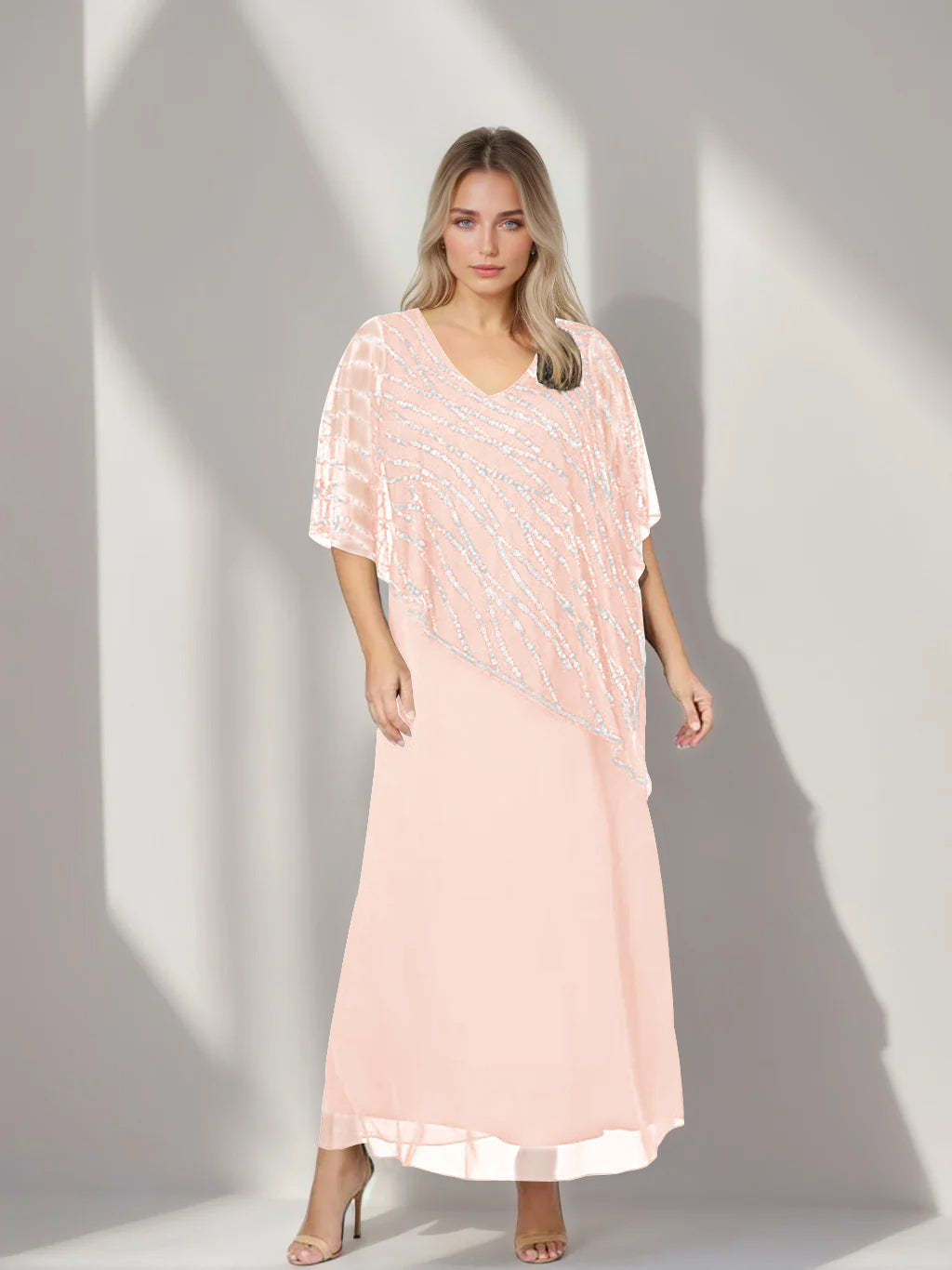 Plus Size V-Neck A-Line Princess Ankle-Length Mother of the Bride Dress with Asymmetrical Cape Popover and Half Sleeves