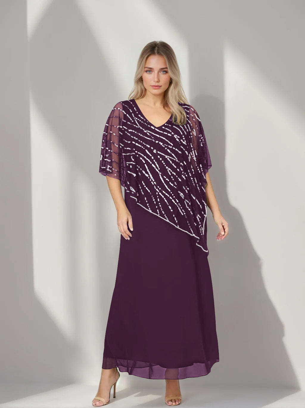 Plus Size V-Neck A-Line Princess Ankle-Length Mother of the Bride Dress with Asymmetrical Cape Popover and Half Sleeves