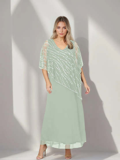 Plus Size V-Neck A-Line Princess Ankle-Length Mother of the Bride Dress with Asymmetrical Cape Popover and Half Sleeves