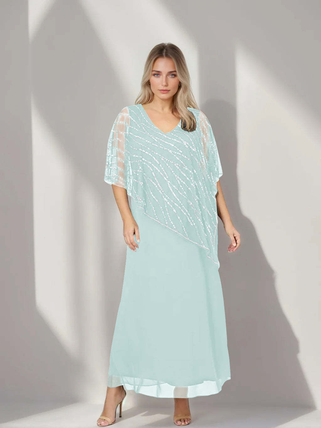 Plus Size V-Neck A-Line Princess Ankle-Length Mother of the Bride Dress with Asymmetrical Cape Popover and Half Sleeves