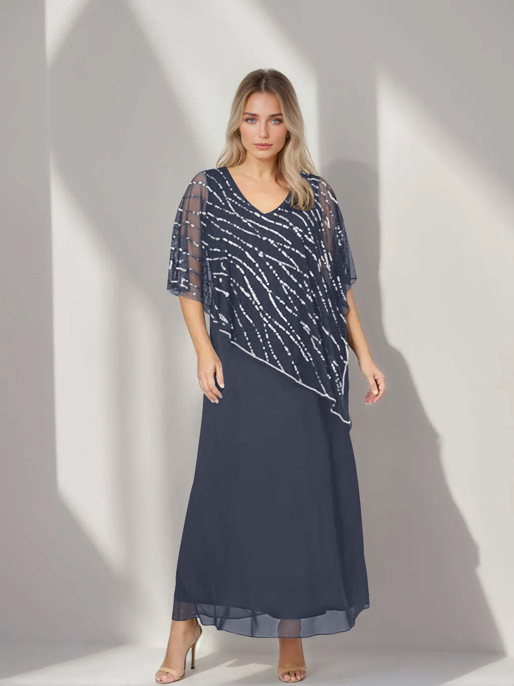 Plus Size V-Neck A-Line Princess Ankle-Length Mother of the Bride Dress with Asymmetrical Cape Popover and Half Sleeves