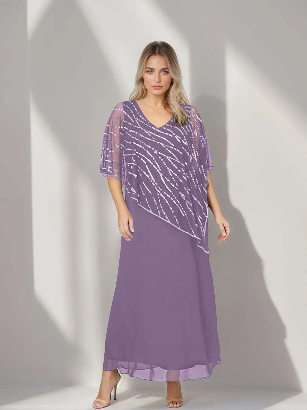 Plus Size V-Neck A-Line Princess Ankle-Length Mother of the Bride Dress with Asymmetrical Cape Popover and Half Sleeves