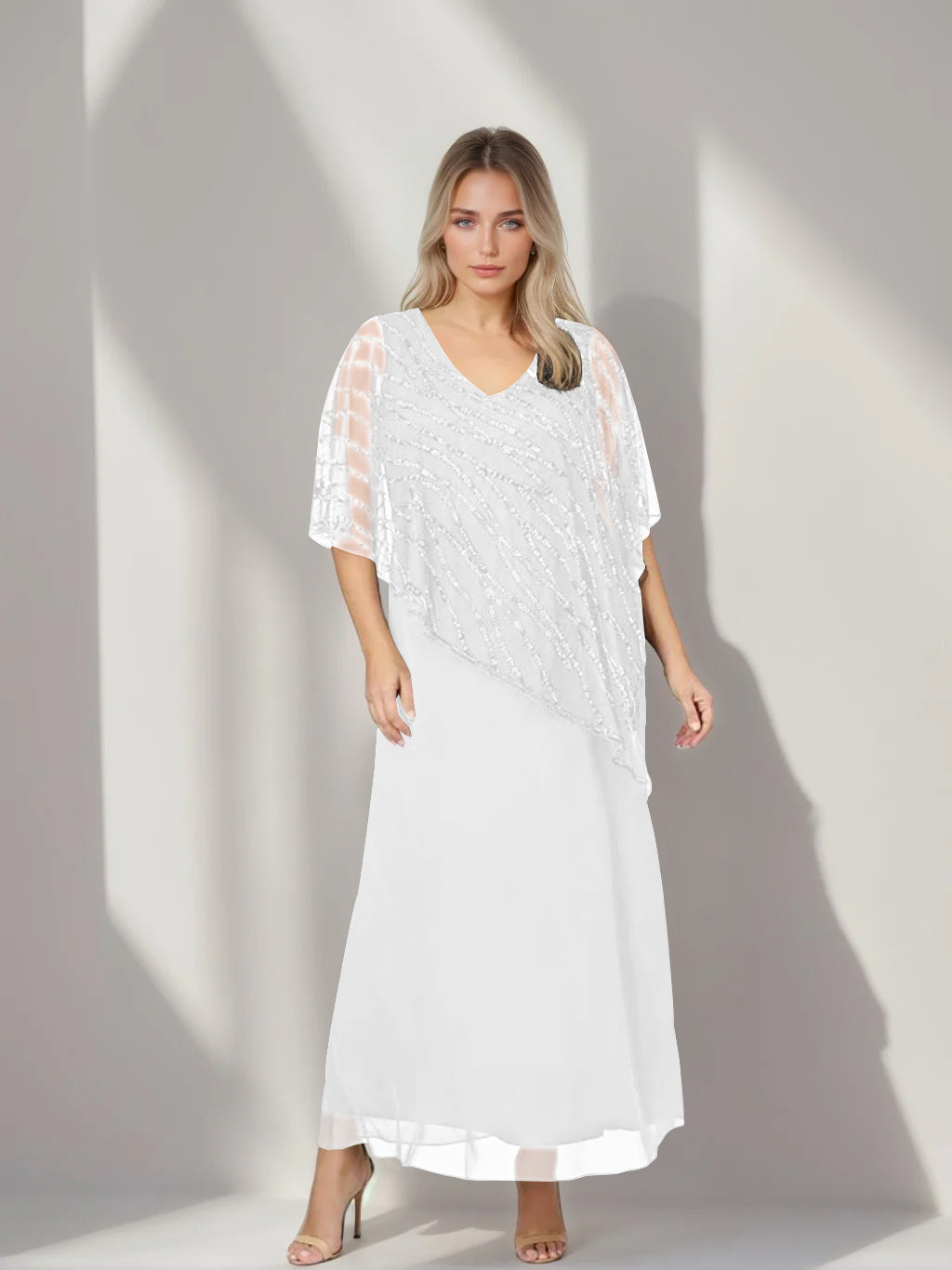 Plus Size V-Neck A-Line Princess Ankle-Length Mother of the Bride Dress with Asymmetrical Cape Popover and Half Sleeves