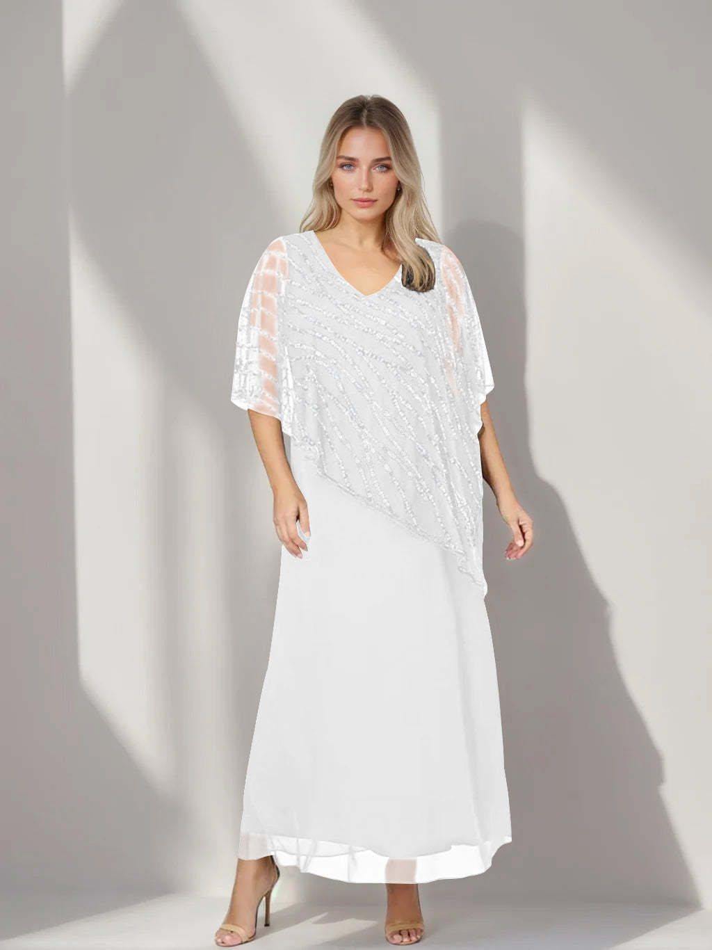 Plus Size V-Neck A-Line Princess Ankle-Length Mother of the Bride Dress with Asymmetrical Cape Popover and Half Sleeves