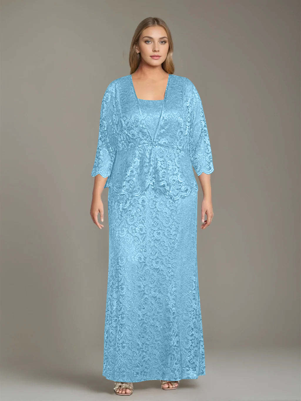 Plus Size 2-Piece Mother of the Bride Dress Set with Square Neck and Floor-Length Sheath