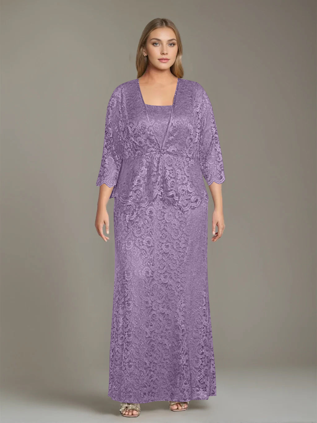 Plus Size 2-Piece Mother of the Bride Dress Set with Square Neck and Floor-Length Sheath