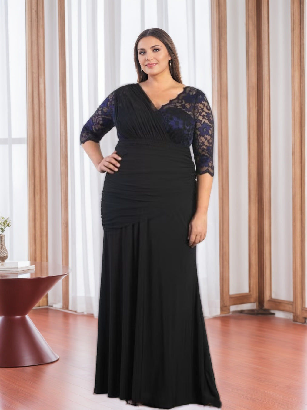 V-Neck Half-Sleeve Plus-Size Floor-Length Mother of the Bride Sheath Dress with Appliques and Ruffles