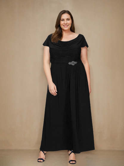 Plus Size A-Line Princess Scoop Neck Short Sleeve Ankle-Length Mother of the Bride Dress with Ruffles and Sequins