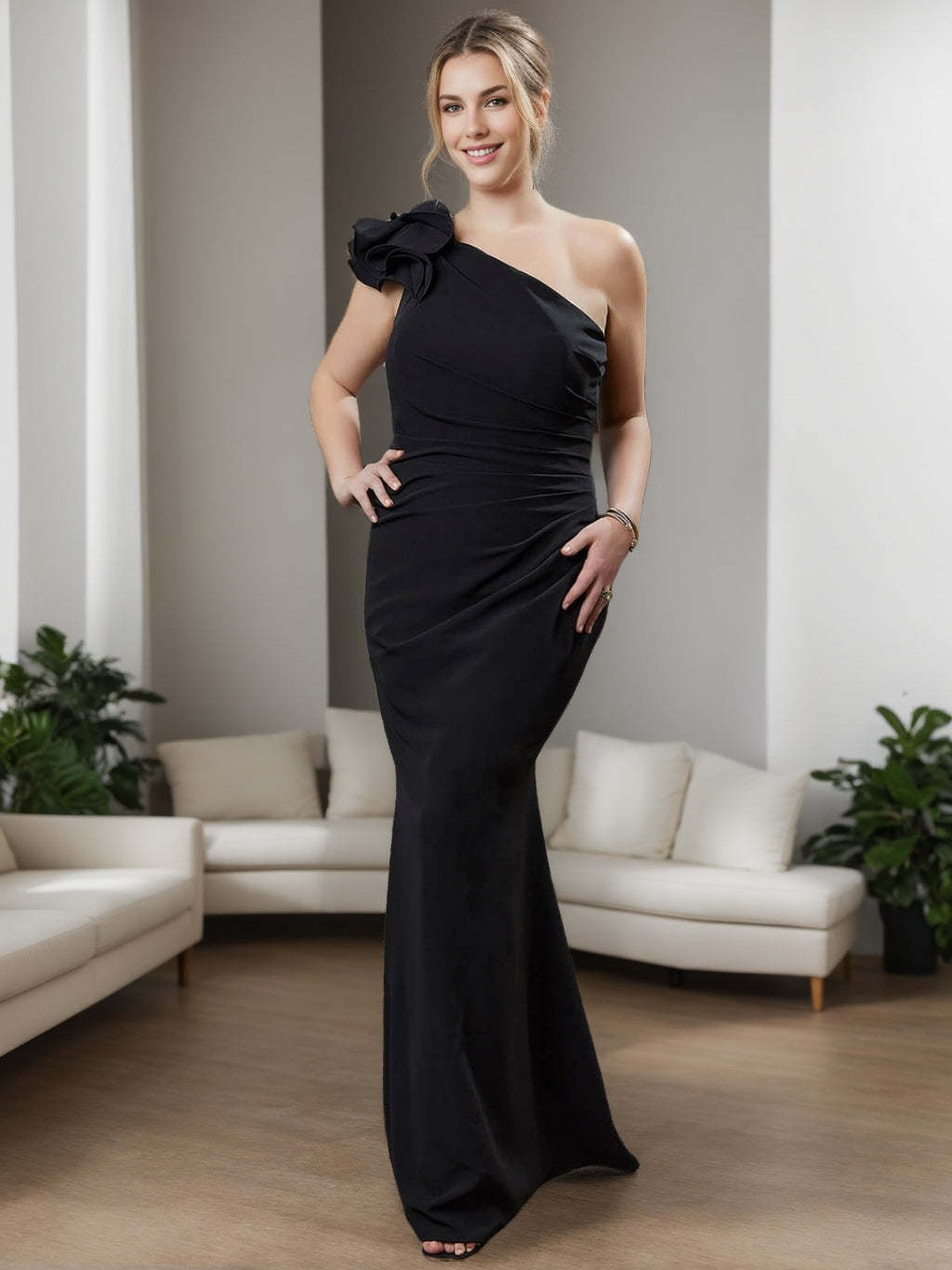 One-Shoulder Sleeveless Plus Size Ruffled Mother of the Bride Sheath Dress