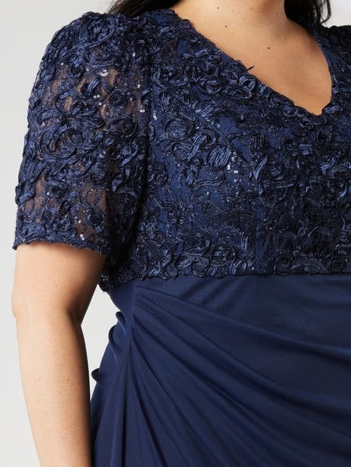 V-Neck Short-Sleeve Ankle-Length Plus Size Sheath/Column Mother of the Bride Dress with Sequins & Ruches