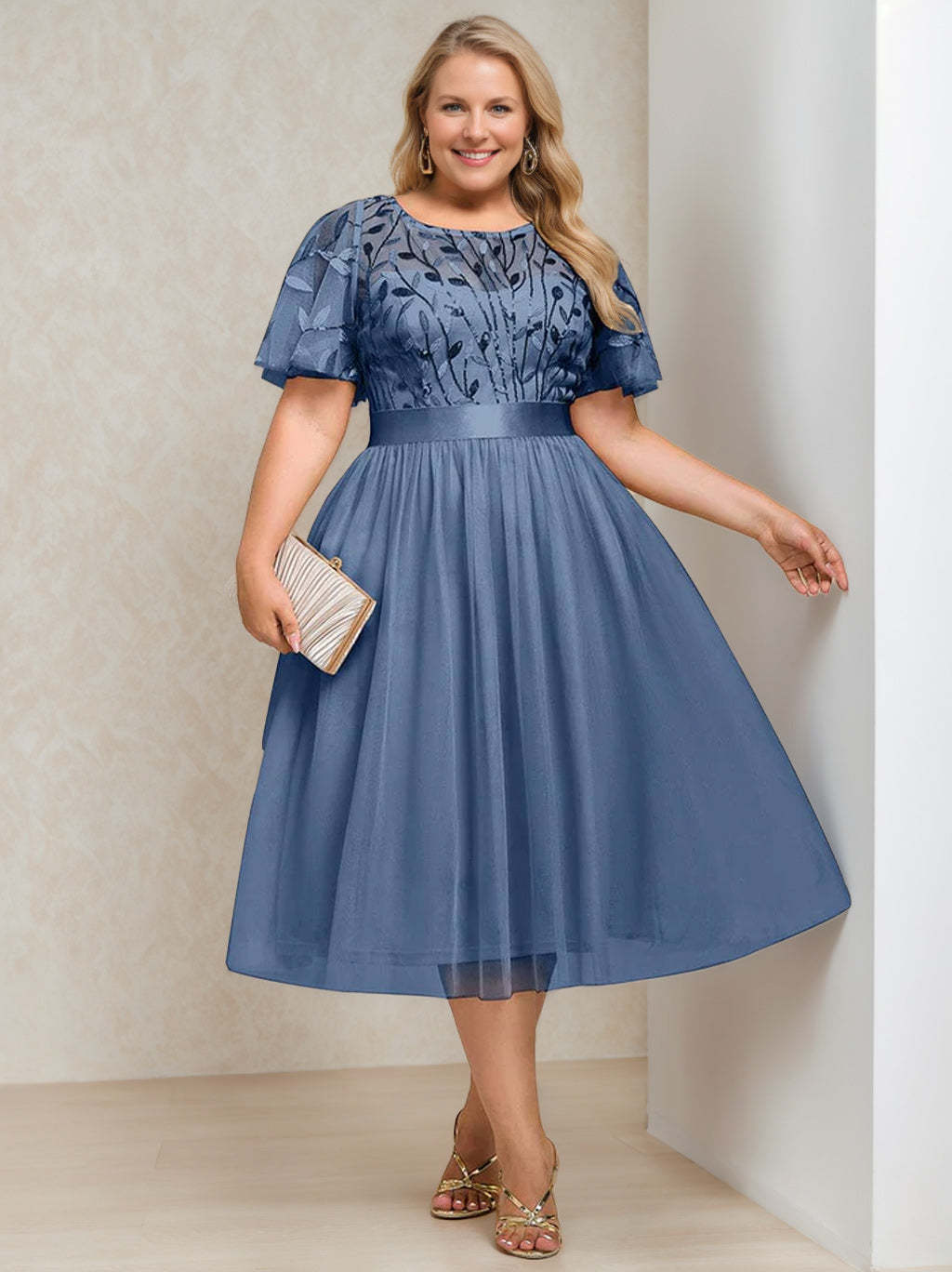 Plus Size Tea-Length Mother of the Bride Dress with Sequins and Embroidery A-Line/Princess Cut Round Neck and Short Sleeves