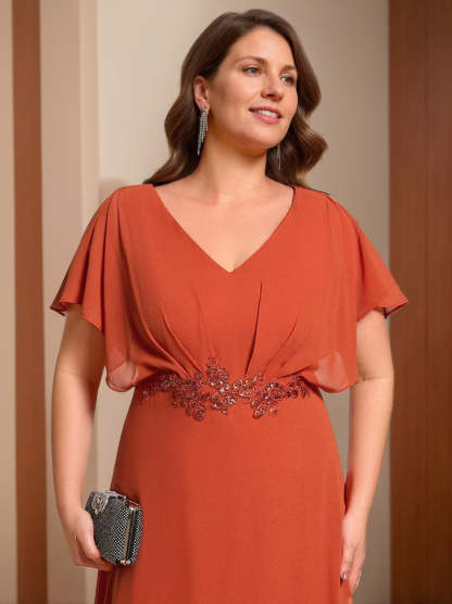 Plus Size V-Neck A-Line Mother of the Bride Dress with Short Sleeves and Asymmetrical Appliques