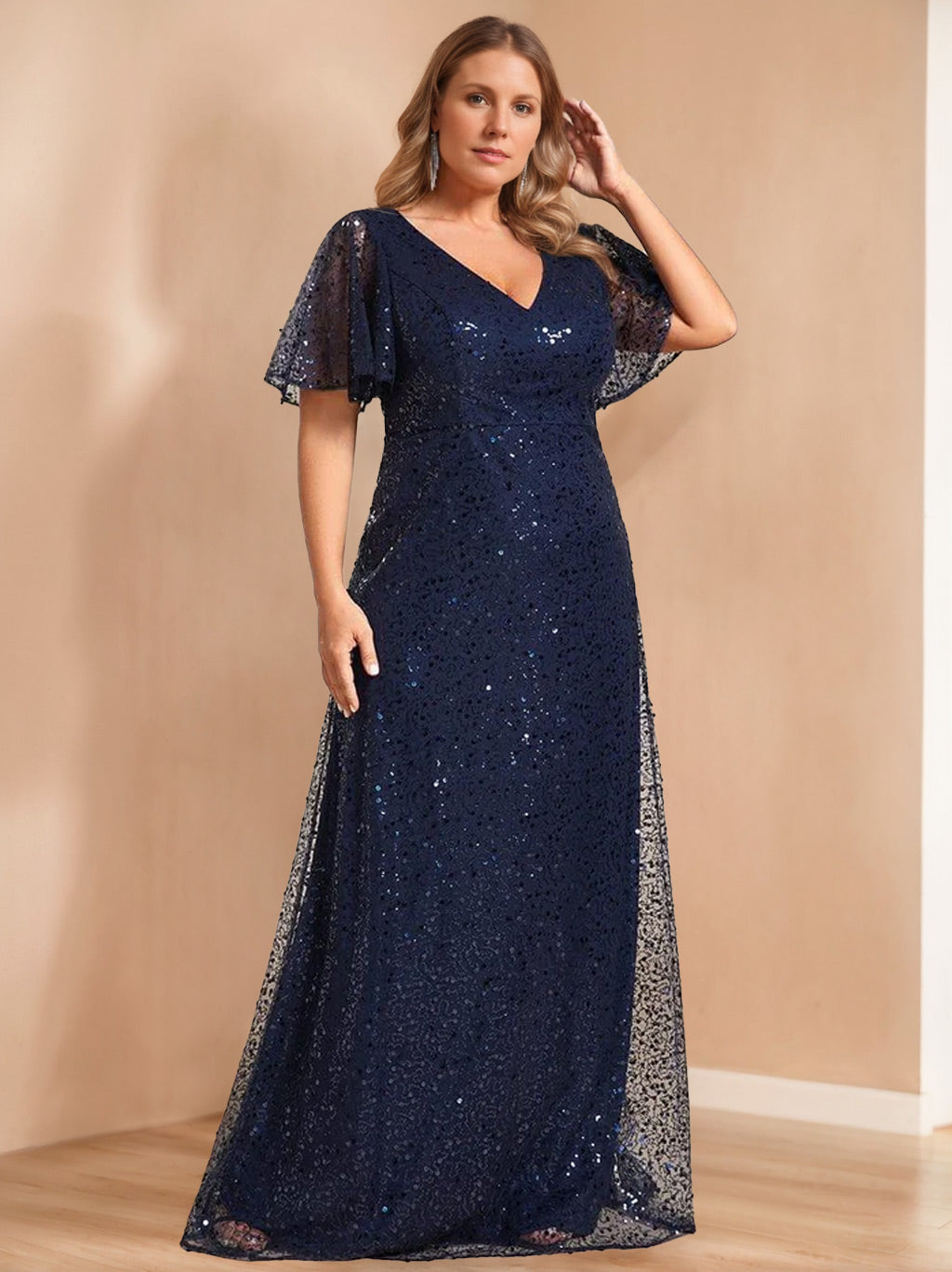 Unique Plus Size V-Neck A-Line Princess Floor-Length Mother of the Bride Dress with Sequins and Short Sleeves
