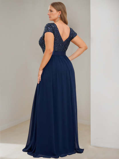 Plus Size V-Neck A-Line Princess Floor-Length Chiffon Mother Of The Bride Dress with Ribbon and Short Sleeves