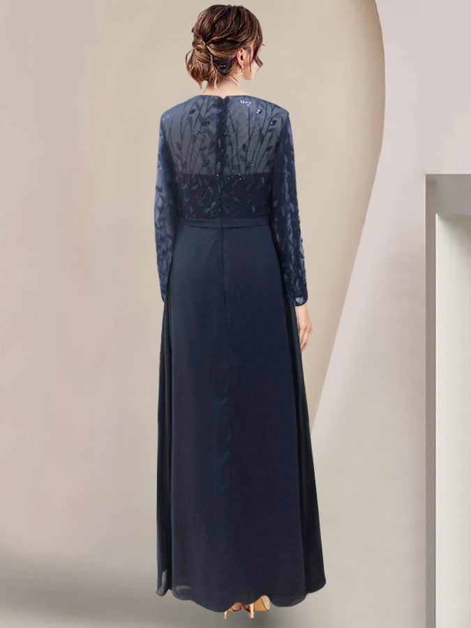Floor-Length Mother of the Bride A-Line Dress with Scoop Neck Long Sleeves Side Split Ruffles and Sequins