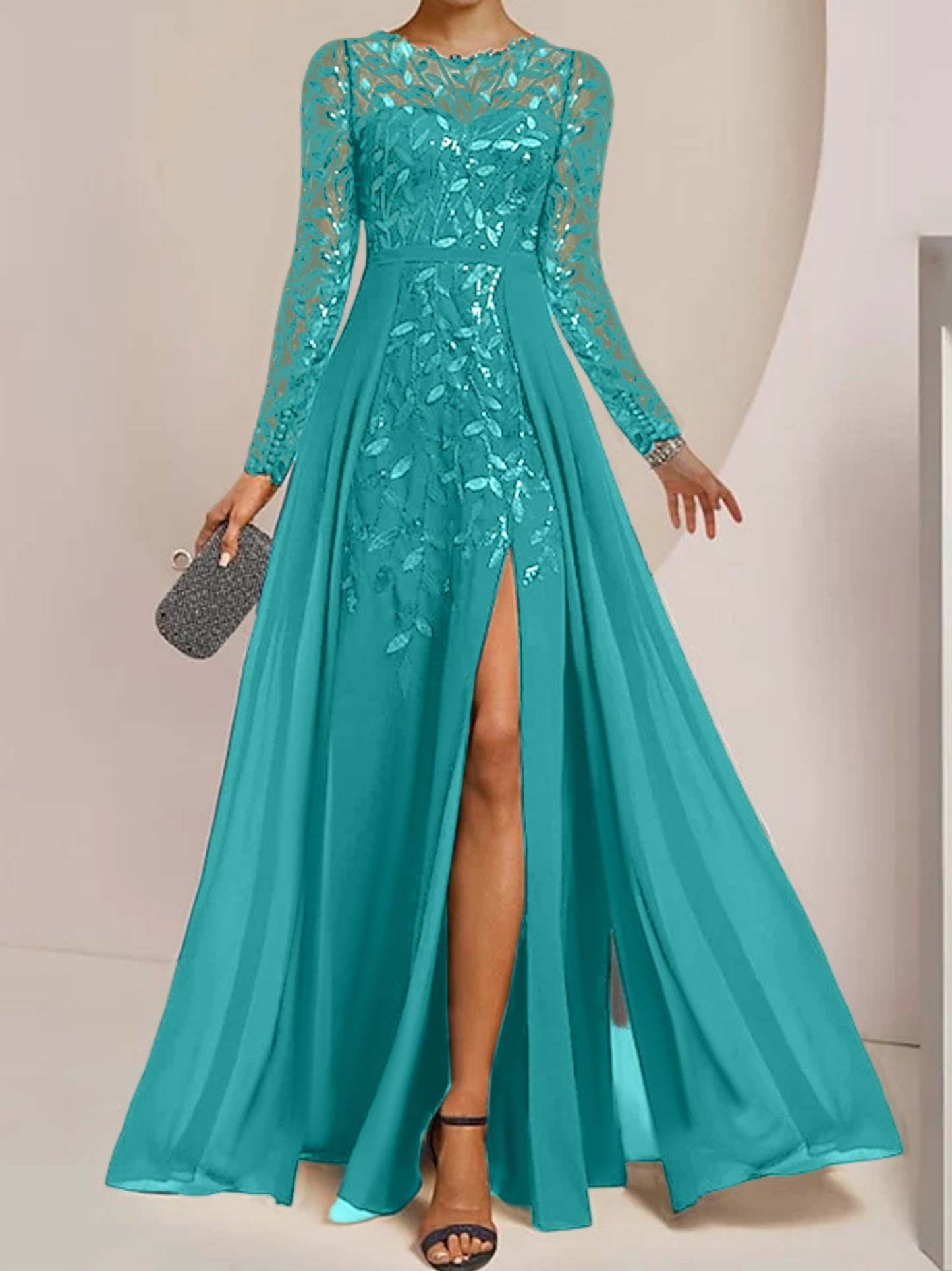 Floor-Length Mother of the Bride A-Line Dress with Scoop Neck Long Sleeves Side Split Ruffles and Sequins