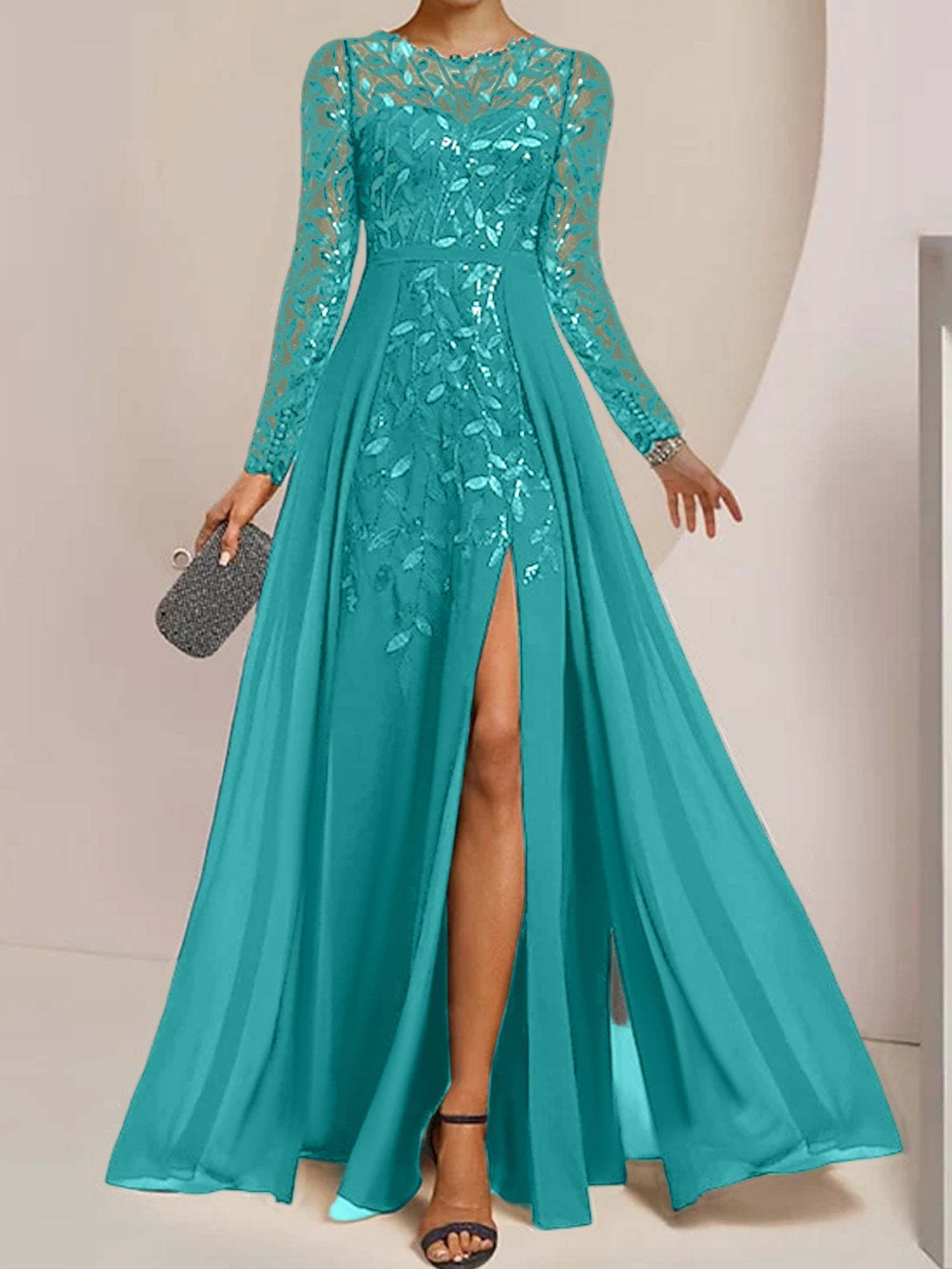 Floor-Length Mother of the Bride A-Line Dress with Scoop Neck Long Sleeves Side Split Ruffles and Sequins