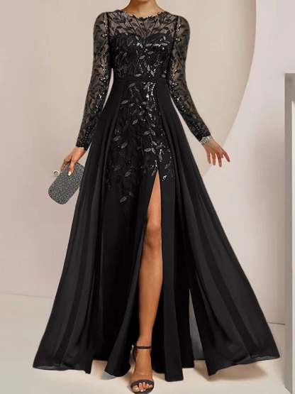 Floor-Length Mother of the Bride A-Line Dress with Scoop Neck Long Sleeves Side Split Ruffles and Sequins