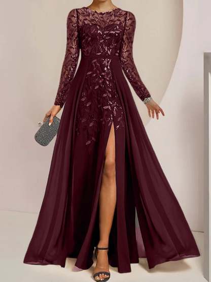 Floor-Length Mother of the Bride A-Line Dress with Scoop Neck Long Sleeves Side Split Ruffles and Sequins