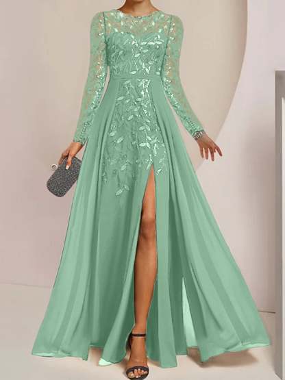 Floor-Length Mother of the Bride A-Line Dress with Scoop Neck Long Sleeves Side Split Ruffles and Sequins