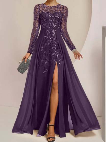 Floor-Length Mother of the Bride A-Line Dress with Scoop Neck Long Sleeves Side Split Ruffles and Sequins
