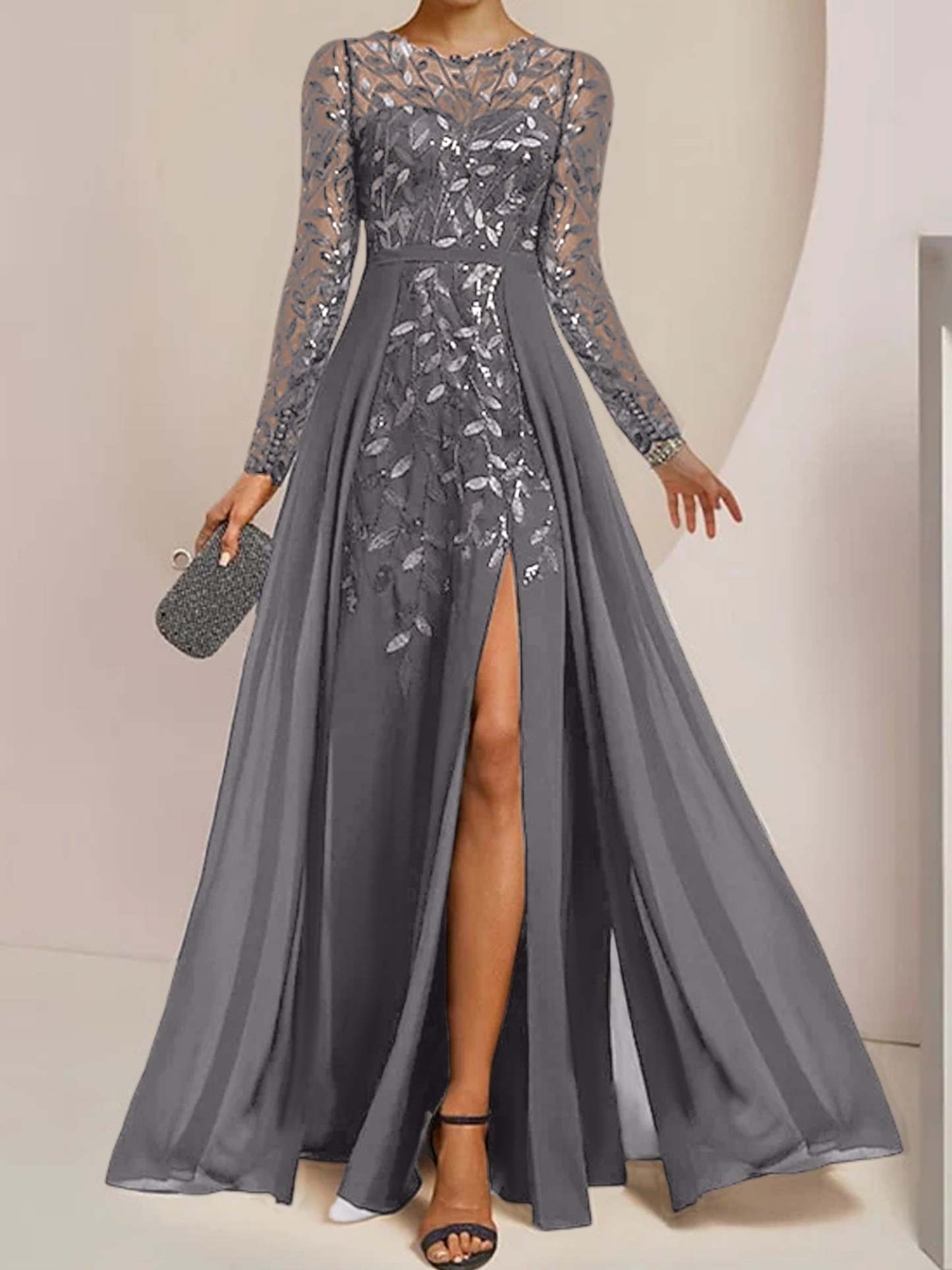 Floor-Length Mother of the Bride A-Line Dress with Scoop Neck Long Sleeves Side Split Ruffles and Sequins