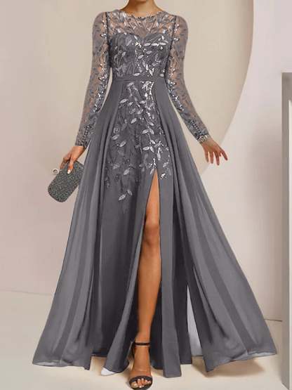Floor-Length Mother of the Bride A-Line Dress with Scoop Neck Long Sleeves Side Split Ruffles and Sequins