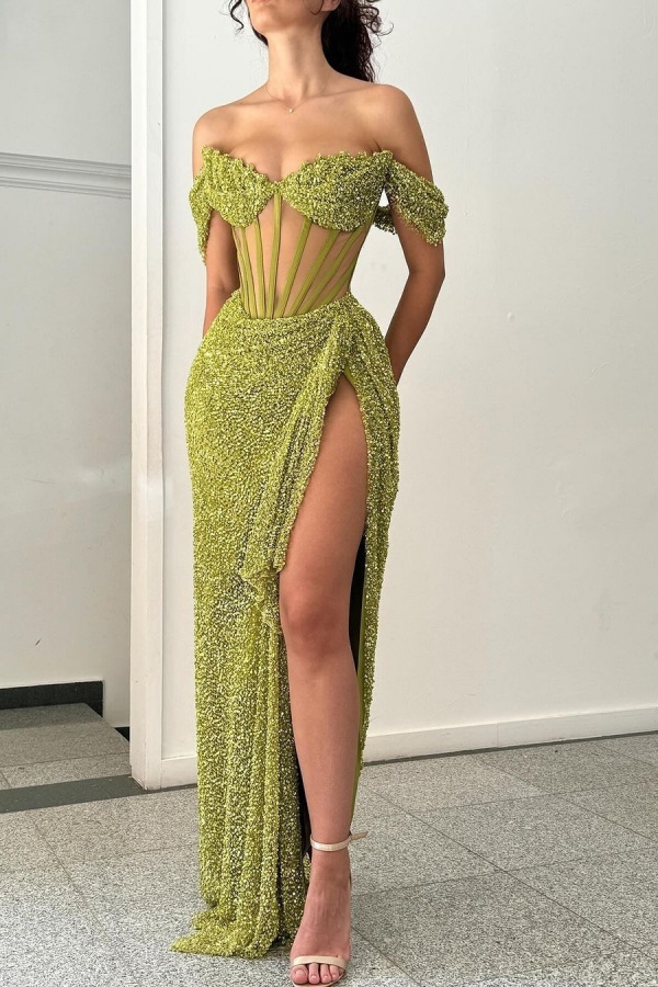 One Shoulder Sleeveless Long Mermaid Split Formal Dress With Sequins