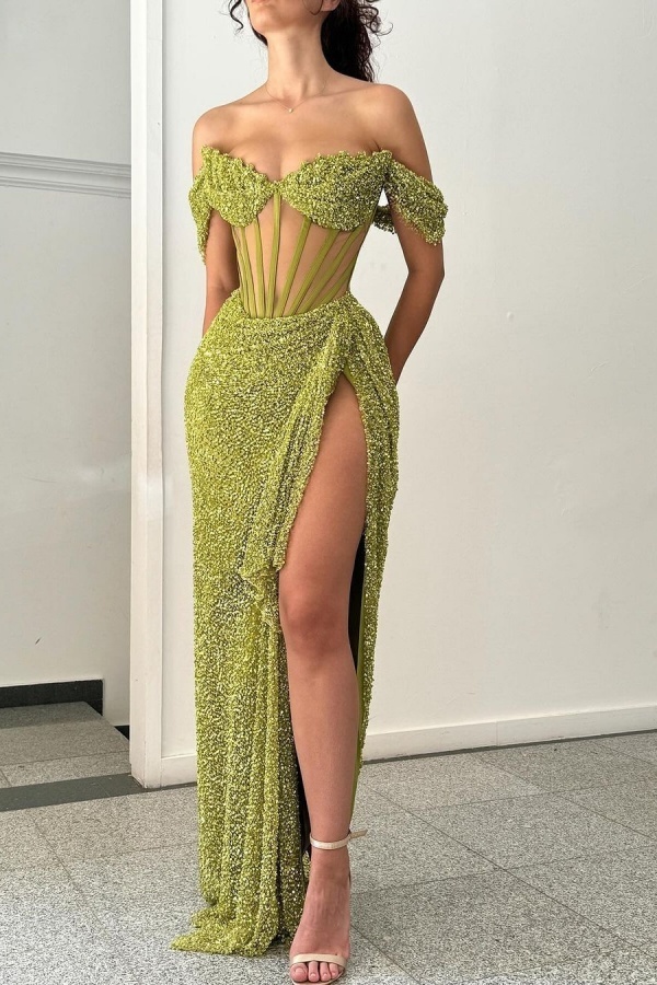 One Shoulder Sleeveless Long Mermaid Split Formal Dress With Sequins