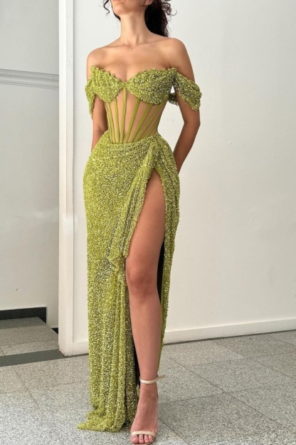 One Shoulder Sleeveless Long Mermaid Split Formal Dress With Sequins