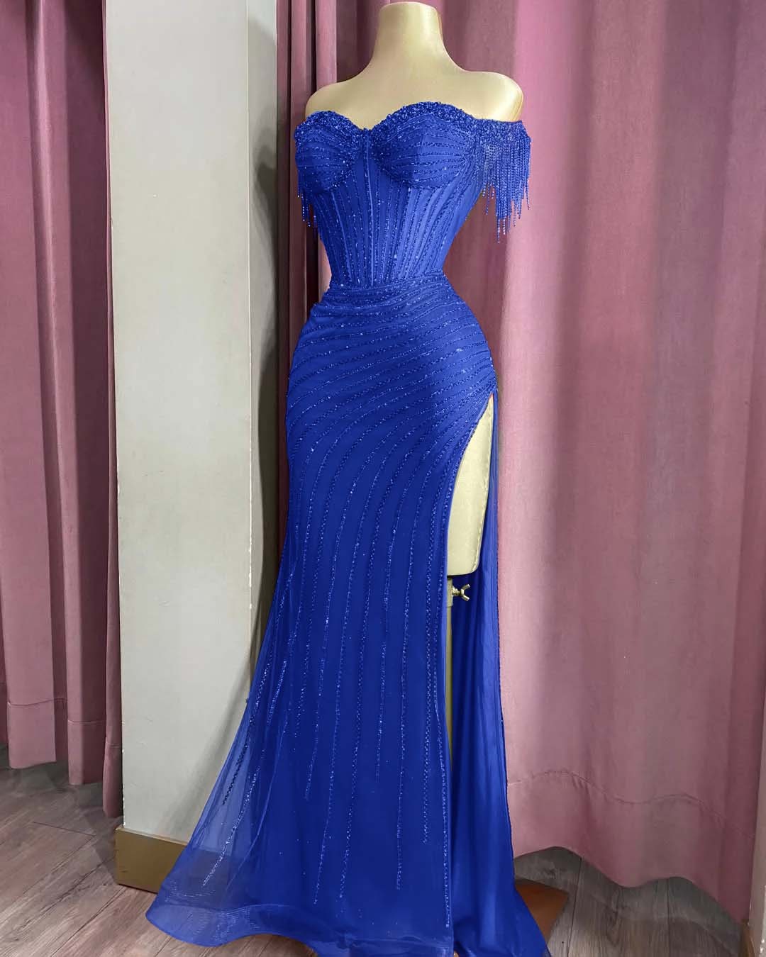 Off the Shoulder Sleeveless Long Split Formal Dress With Beading