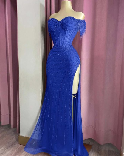 Off the Shoulder Sleeveless Long Split Formal Dress With Beading