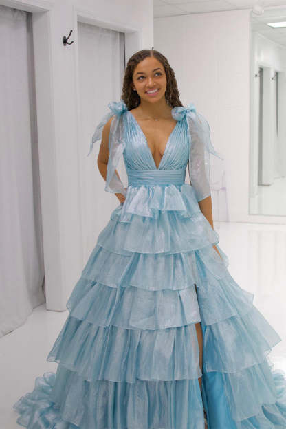 Deep V Neck Fuchsia Princess Prom Dress with Ruffles in A Line