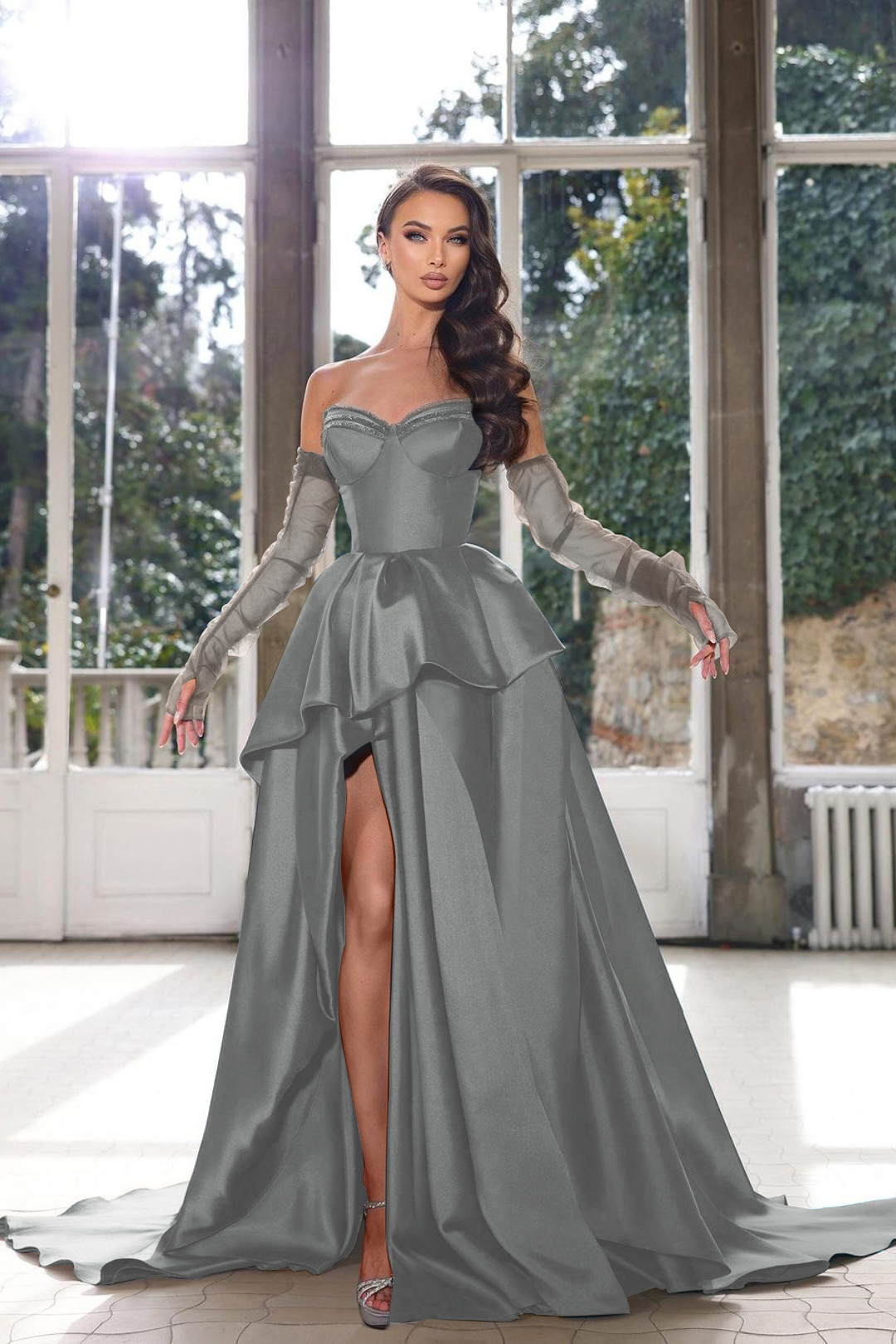 Glamorous Half Sleeves Ink Blue Formal Dress Strapless With High Split Gown