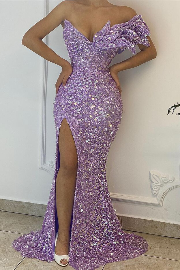 Pretty Lilac Sequins Off the Shoulder Mermaid Formal Dress With Split
