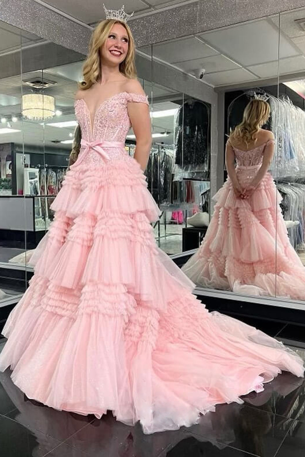 Ivory Off-the-Shoulder Princess A-Line Prom Dress with Ruffles