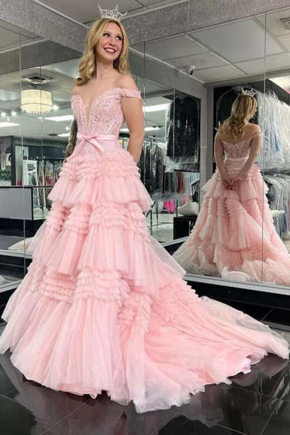 Ivory Off-the-Shoulder Princess A-Line Prom Dress with Ruffles